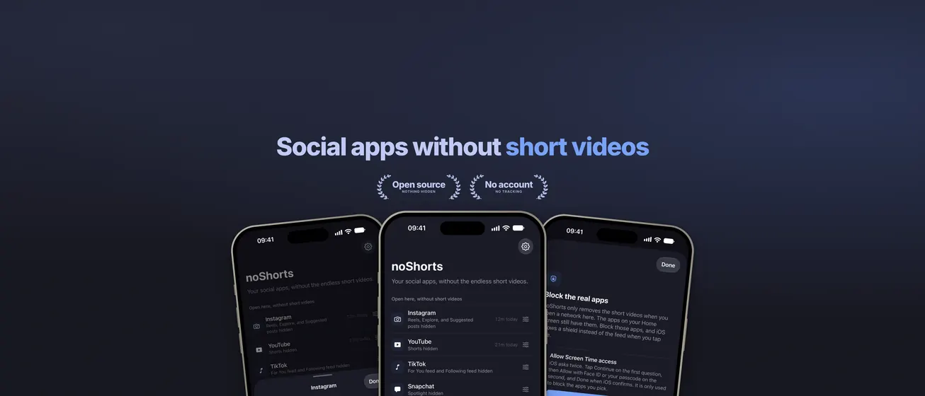 Example header image: Social apps without short videos above three iPhones