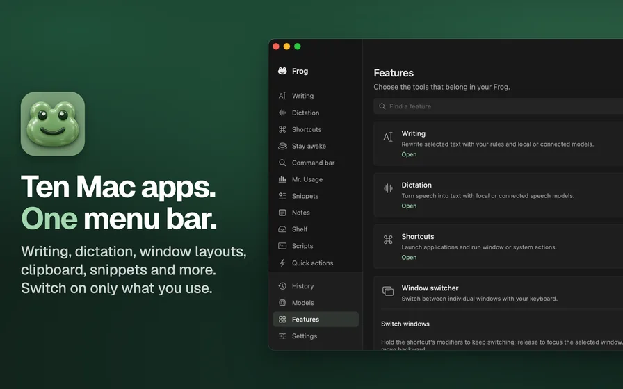 Example Mac screenshot: Ten Mac apps. One menu bar, beside the app's window