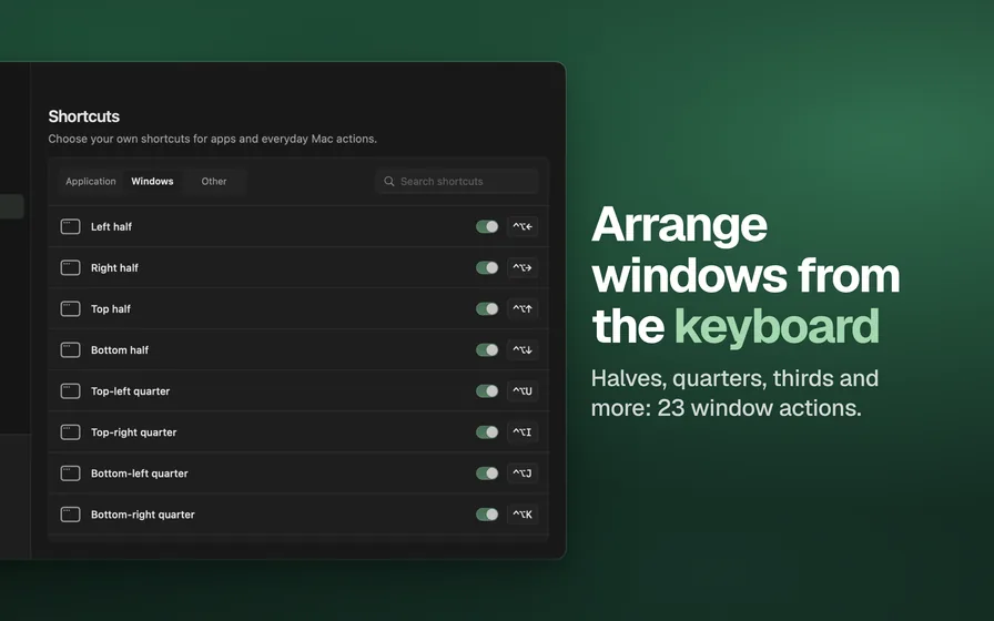 Example Mac screenshot: Arrange windows from the keyboard, beside the app's window