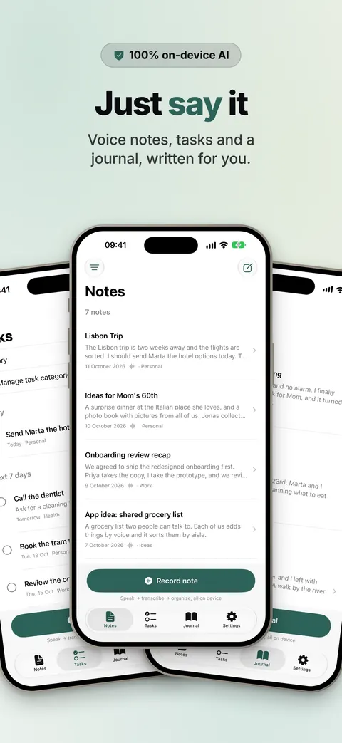 Example: Just say it, a voice notes app with three iPhones fanned out