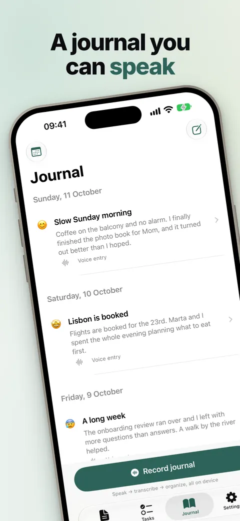 Example: A journal you can speak, with a tilted iPhone