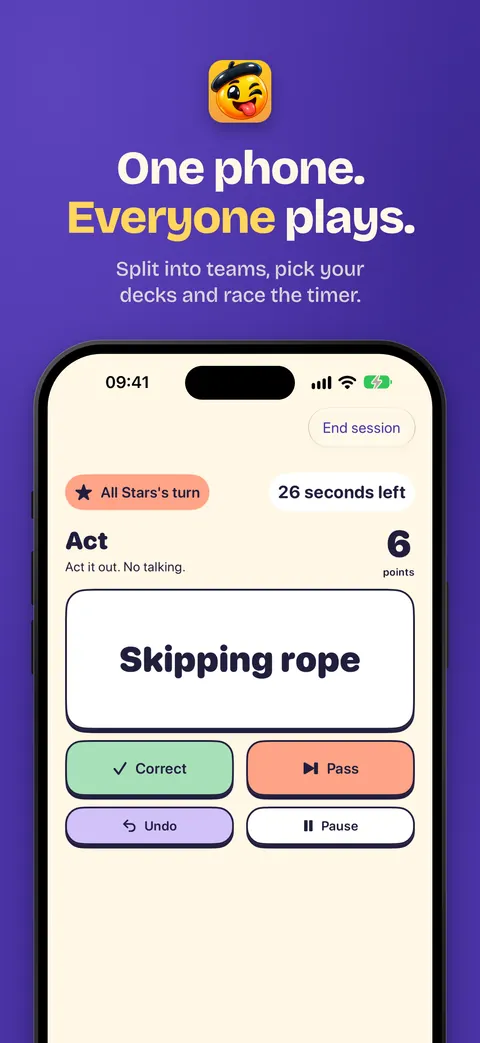 Example: One phone. Everyone plays, a party game on purple with its app icon