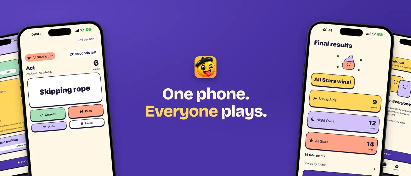 Example header image: One phone. Everyone plays, between two iPhones