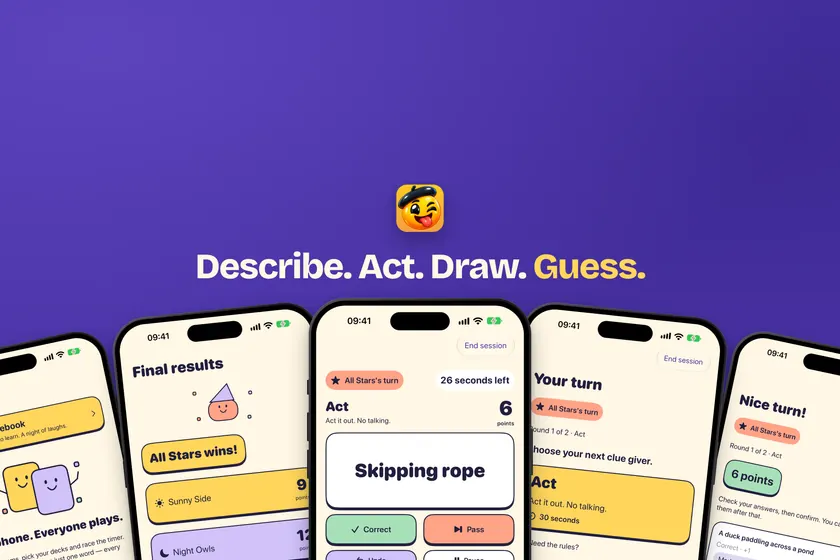 Example search results image: Describe. Act. Draw. Guess, above a row of iPhones