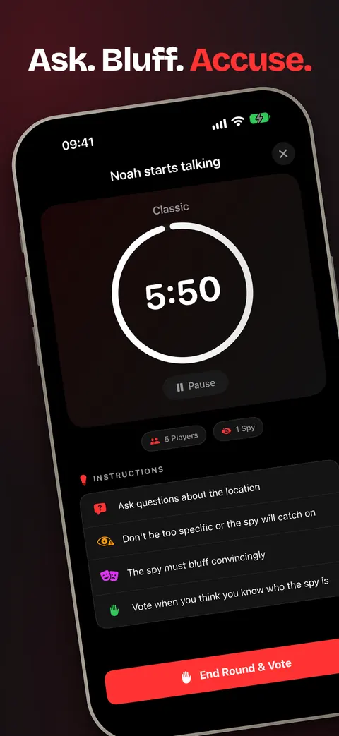 Example: Ask. Bluff. Accuse, a party game on dark red with a tilted iPhone